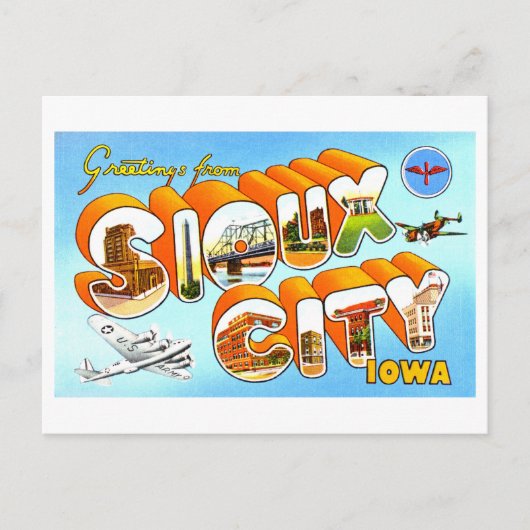 アイオワ州スー市からのヴィンテージ挨拶 ポストカード (正面)