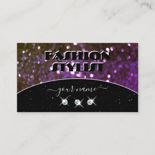 アイキャッチブラックパープルスパークルグリッターダイヤモンド 名刺 (正面)