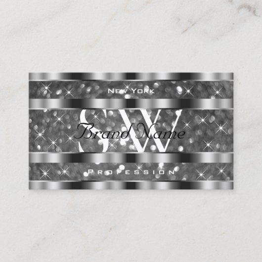 アイキャッチングシルバーグリッタースパークルスターズモノグラム 名刺 (正面)