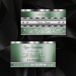 アイキャッチングシルバーグリーンスパークルグリッターモノグラム 名刺