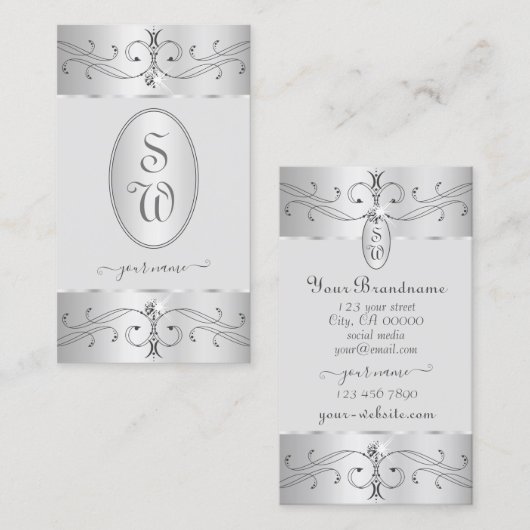 アイキャッチングシルバーグレー華美オーナメントモノグラム 名刺 (正面/裏面)