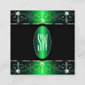 アイキャッチングブラックグリーン華美オーナメントイニシャル スクエア名刺 (正面)