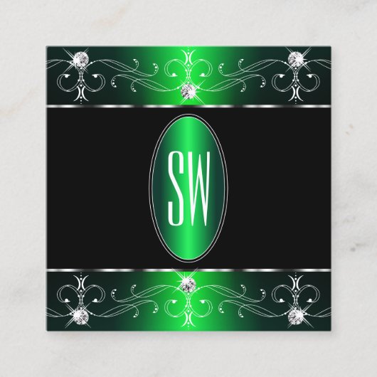 アイキャッチングブラックグリーン華美オーナメントイニシャル スクエア名刺 (正面)