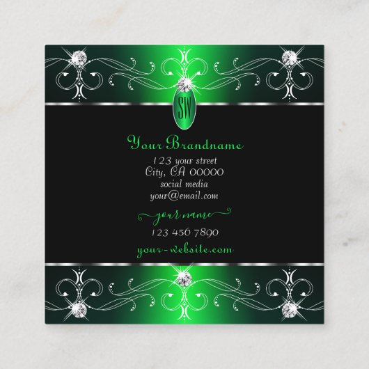 アイキャッチングブラックグリーン華美オーナメントイニシャル スクエア名刺 (裏面)