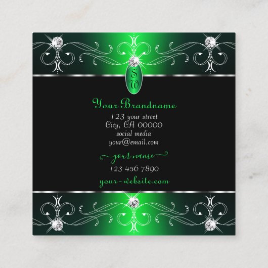 アイキャッチングブラックグリーン華美オーナメントモノグラム スクエア名刺 (裏面)