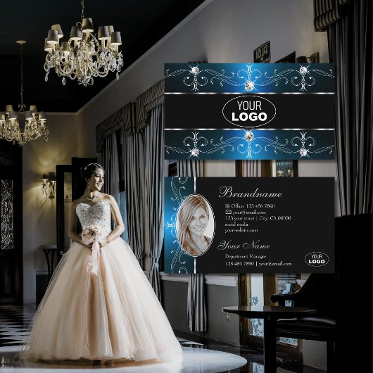 アイキャッチングブラック華美ティール（緑がかった色）縁どロゴ&フォト 名刺