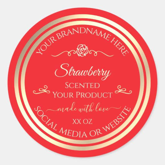 アイキャッチングレッド製品ラベル金ゴールドきらめく枠 ラウンドシール (正面)