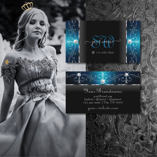 アイキャッチ黒いティール(緑がかった色)スクワイグド宝石モノグラム 名刺