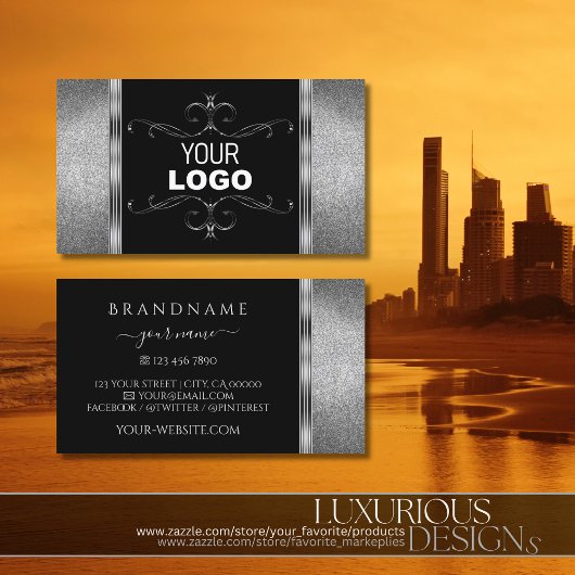 アイキャッチ黒銀グリッター華美ロゴ付き 名刺