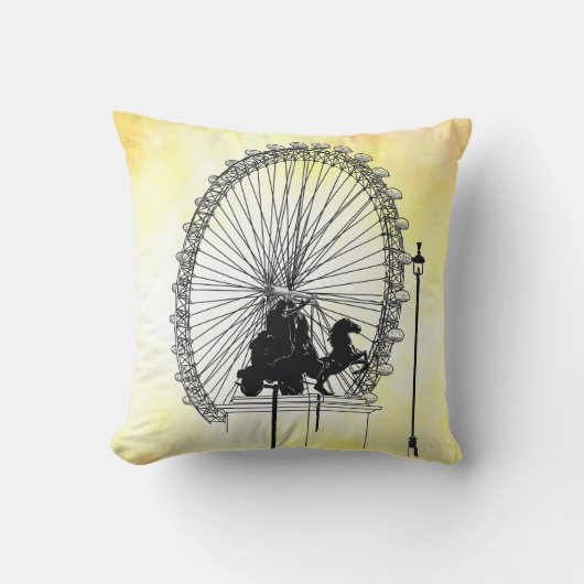 アイコニックなロンドンの名所 ペンとインク  イエロー ベース クッション (正面)
