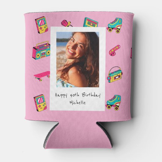 アイコニック90の誕生日ギフト、写真とピンク 缶クーラー (正面)
