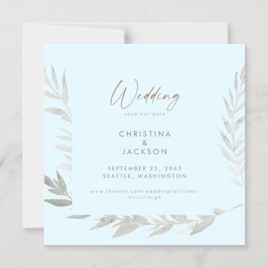 アイシーエレガントブルーウェディングの日付を保存 マグネット招待状 (正面)