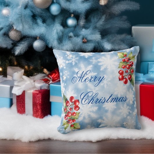 アイシーブルーの冬の雪の結晶とヒイラギのメリークリスマス クッション
