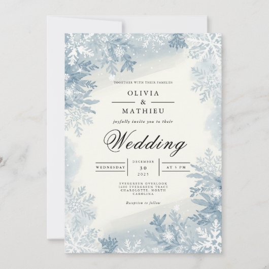 アイシーブルーの雪の結晶の冬の結婚式 招待状 (正面)