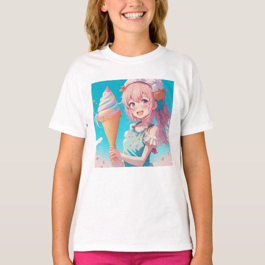 アイスお洒落クリームコーン付きアニメ少女 Tシャツ (正面)