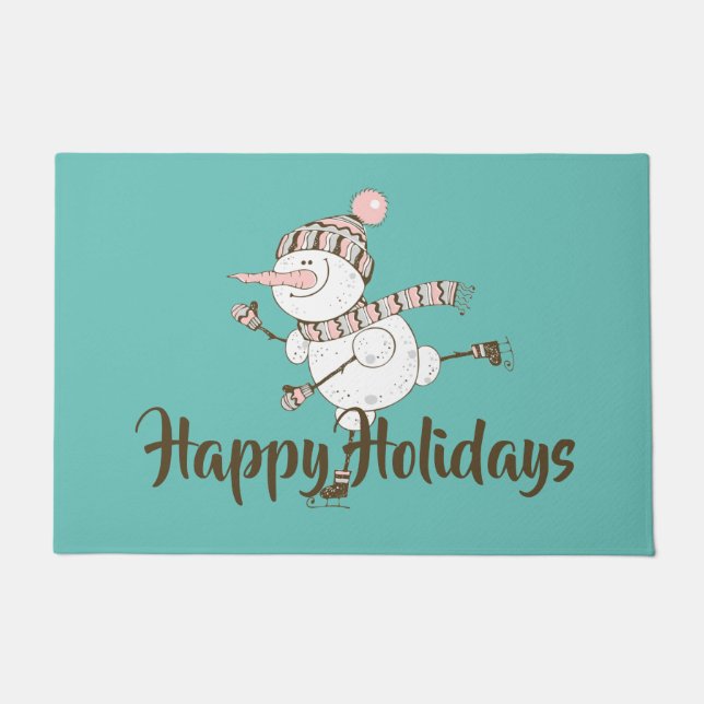 アイスお洒落スケートで滑る雪だるまのカスタマイズ ドアマット (正面)