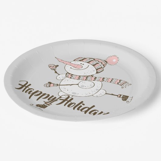 アイスお洒落スケートで滑る雪だるま ペーパープレート (アングル)