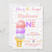 アイスはこちらスクープ女の子1歳の誕生日。 招待状 (正面)