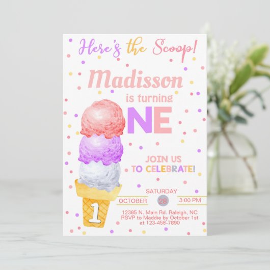 アイスはこちらスクープ女の子1歳の誕生日。 招待状 (スタンド正面)
