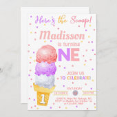 アイスはこちらスクープ女の子1歳の誕生日。 招待状 (正面/裏面)