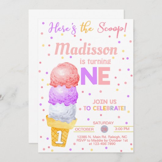 アイスはこちらスクープ女の子1歳の誕生日。 招待状 (正面/裏面)