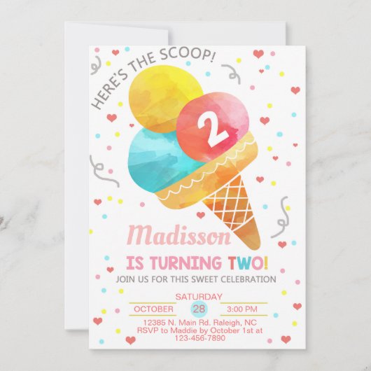 アイスはこちらスクープ女の子2歳の誕生日。 招待状 (正面)