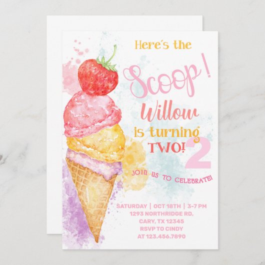 アイスはこちらスクープ2回目の誕生日の招待状 招待状 (正面/裏面)