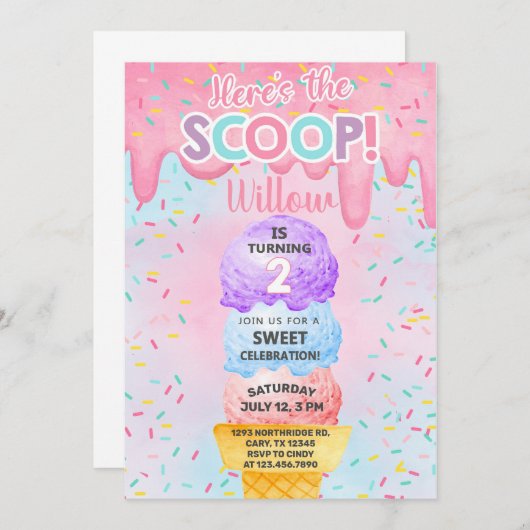 アイスはこちらスクープ2回目の誕生日の招待状 招待状 (正面/裏面)