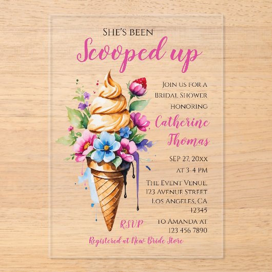 アイスをスクープされたブライダルシャワー アクリル招待状 (正面)