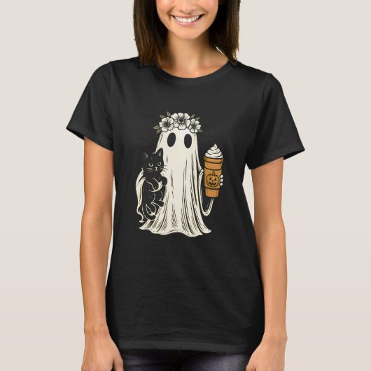 アイスを持った黒猫を抱えるハロウィンの幽霊 Tシャツ (正面)