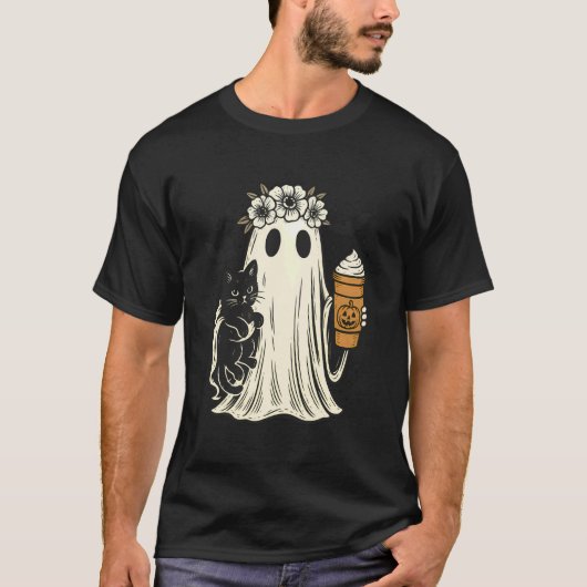 アイスを持った黒猫を抱えるハロウィンの幽霊 Tシャツ (正面)