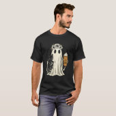 アイスを持った黒猫を抱えるハロウィンの幽霊 Tシャツ (正面フル)