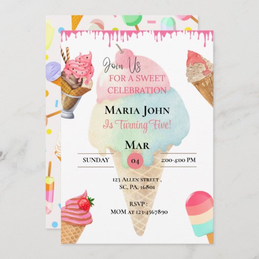 アイスカスタムクリームバースデーパーティーへの招待 招待状 (正面/裏面)