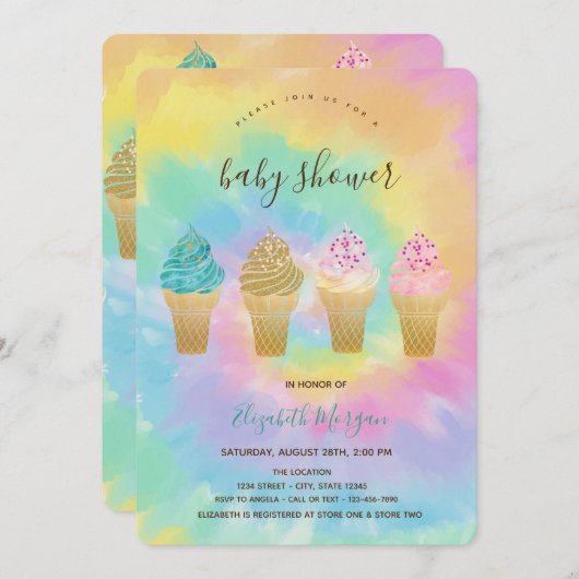 アイスカッコいいクリームカラフル絞り染め赤ちゃんシャワー 招待状 (正面/裏面)
