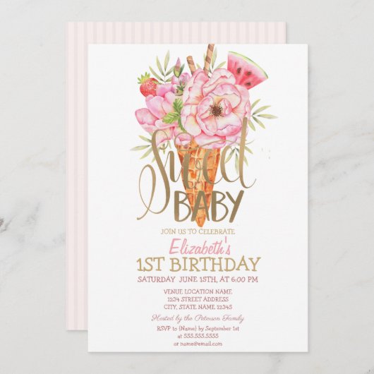 アイスカッコいいクリームフルーツストライプの誕生日招待状 招待状 (正面/裏面)