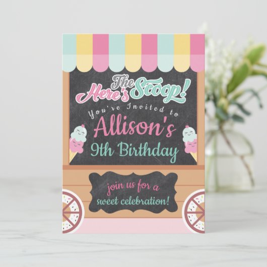 アイスカラフルクリームカート誕生日パーティーへの招待 招待状 (スタンド正面)