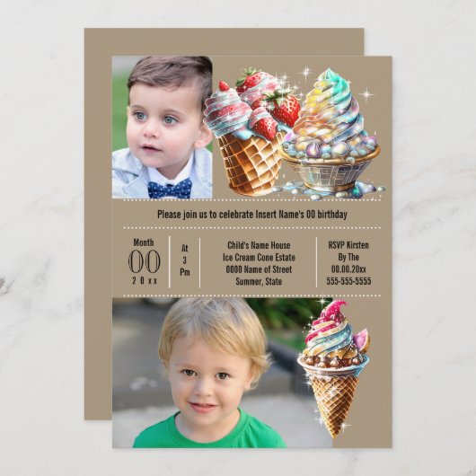 アイスカラフルクリームキャンディーサマーDIYフォトキッズ 招待状 (正面/裏面)