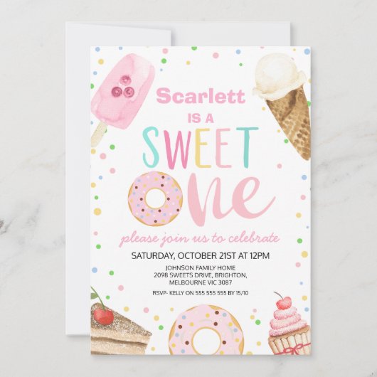 アイスカラフルクリームケーキスウィートワン誕生日 招待状 (正面)
