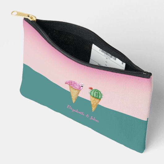 アイスカラフルクリームコーンのサボテンのピンクのフラミンゴ アクセサリーポーチ (見開き)