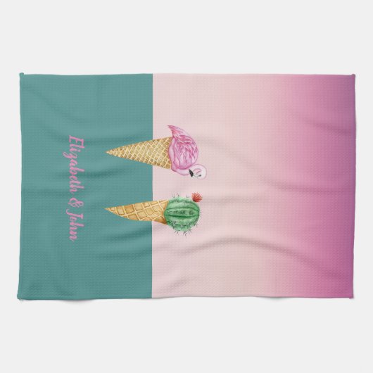 アイスカラフルクリームコーンのサボテンのピンクのフラミンゴ キッチンタオル (横)