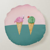 アイスカラフルクリームコーンのサボテンのピンクのフラミンゴ ラウンドクッション (裏面)