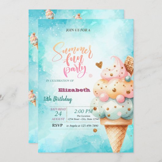 アイスカラフルクリームコーンサマーバースデーパーティー 招待状 (正面/裏面)