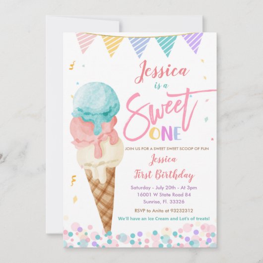 アイスカラフルクリームスウィートワン誕生日招待状 招待状 (正面)