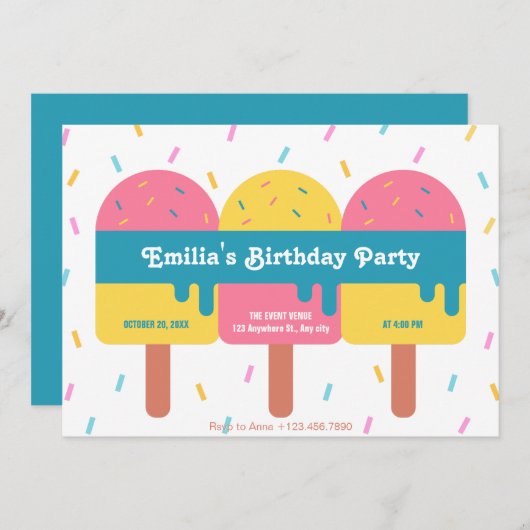 アイスカラフルクリームポピクル誕生日 招待状 (正面/裏面)