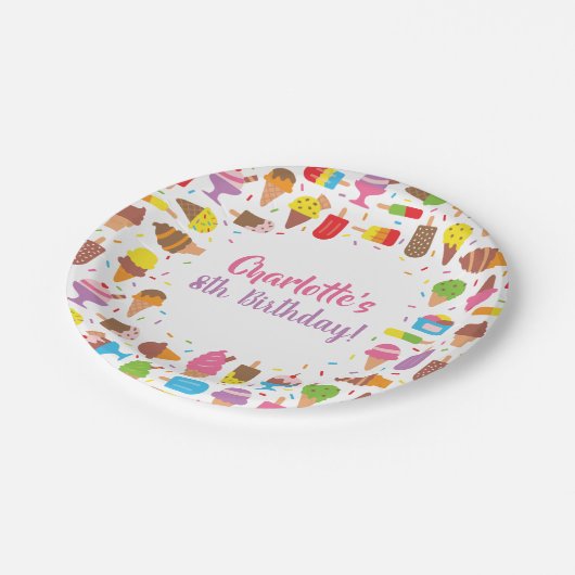 アイスキャンデーおよびアイスクリームの女の子の誕生会のプレート ペーパープレート (アングル)