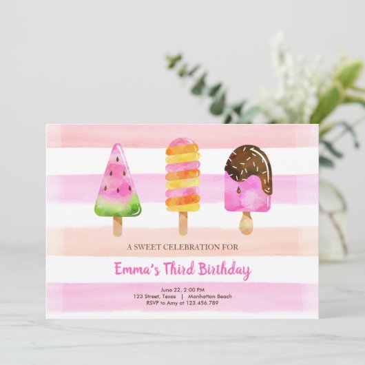 アイスキャンデーのアイスクリームの誕生日の夏のプールを囲んでのパーティ 招待状 (スタンド正面)