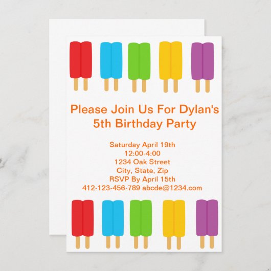 アイスキャンデーの子供の誕生日のパーティの招待状 招待状 (正面/裏面)