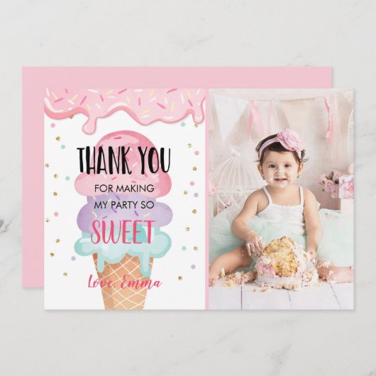 アイスクリームありがとうスクープピンクの紙吹雪 招待状 (正面/裏面)