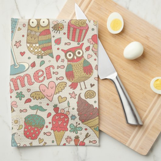 アイスクリームが付いている夏パターン キッチンタオル (四つ折り)