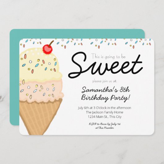 アイスクリームこれは甘い誕生日パーティーになる 招待状 (正面/裏面)